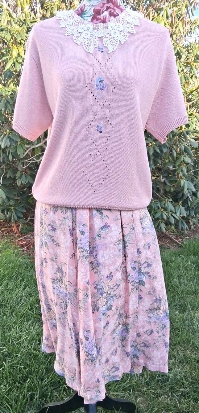 Vintage 90s Women Med Pink 2pc Dress Embroidery Lace Cottagecore USA Grandma